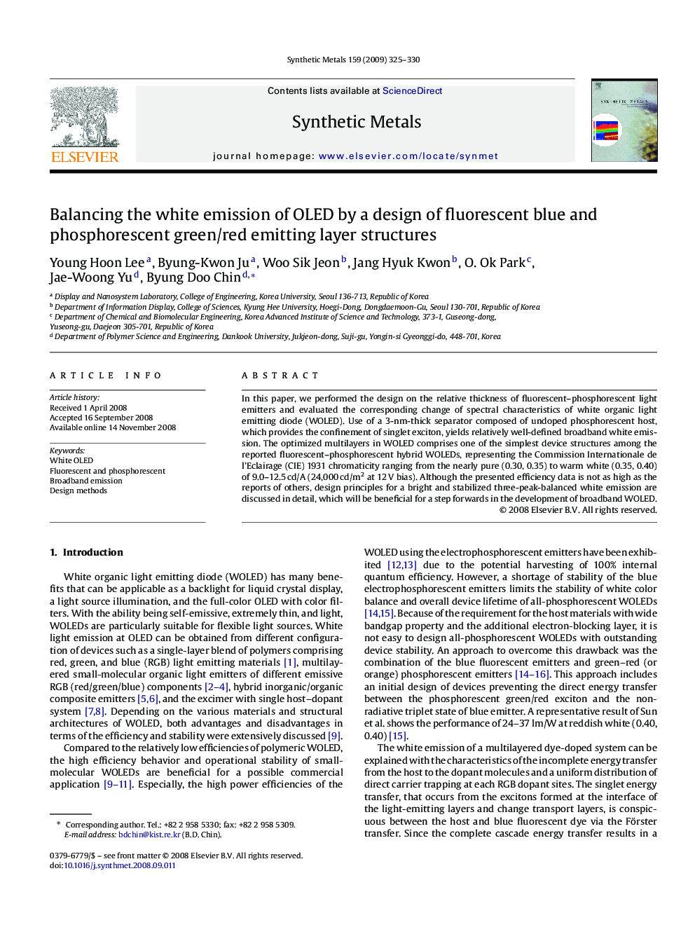 Balancing the white emission of OLED by a design of fluorescent blue and phosphorescent green/red emitting layer structures