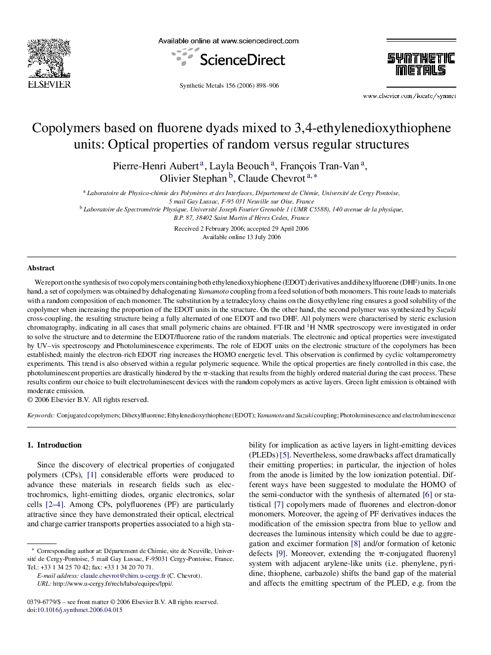 Copolymers based on fluorene dyads mixed to 3,4-ethylenedioxythiophene units: Optical properties of random versus regular structures