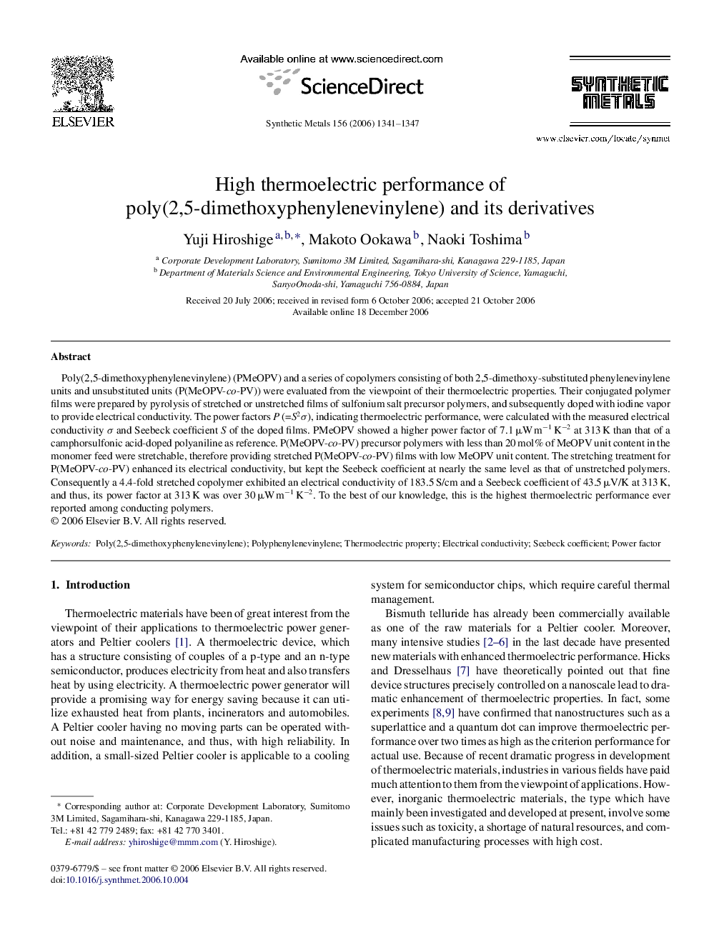 High thermoelectric performance of poly(2,5-dimethoxyphenylenevinylene) and its derivatives