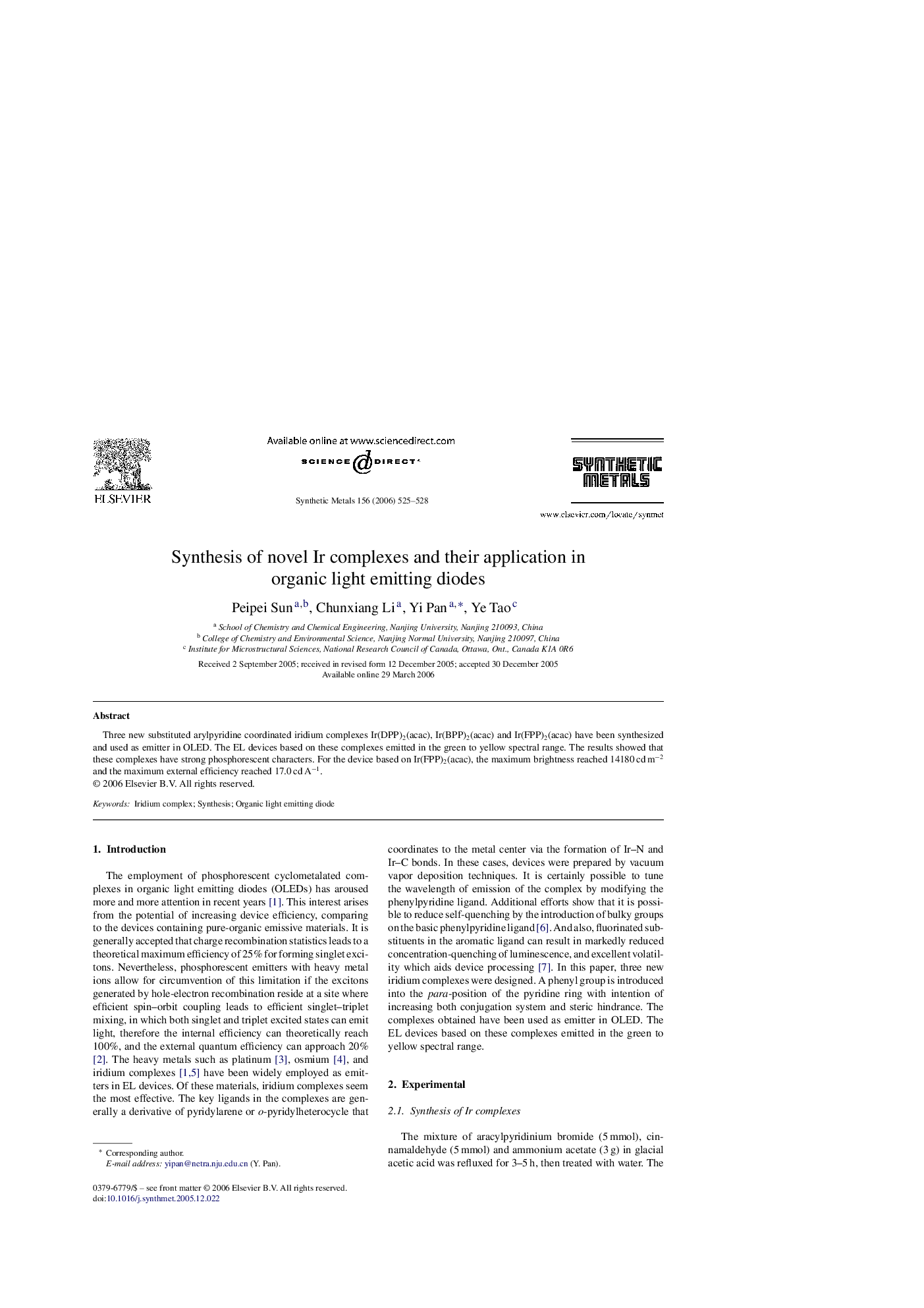 Synthesis of novel Ir complexes and their application in organic light emitting diodes