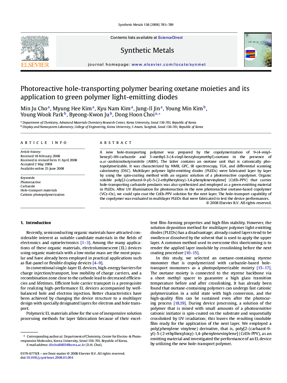 Photoreactive hole-transporting polymer bearing oxetane moieties and its application to green polymer light-emitting diodes