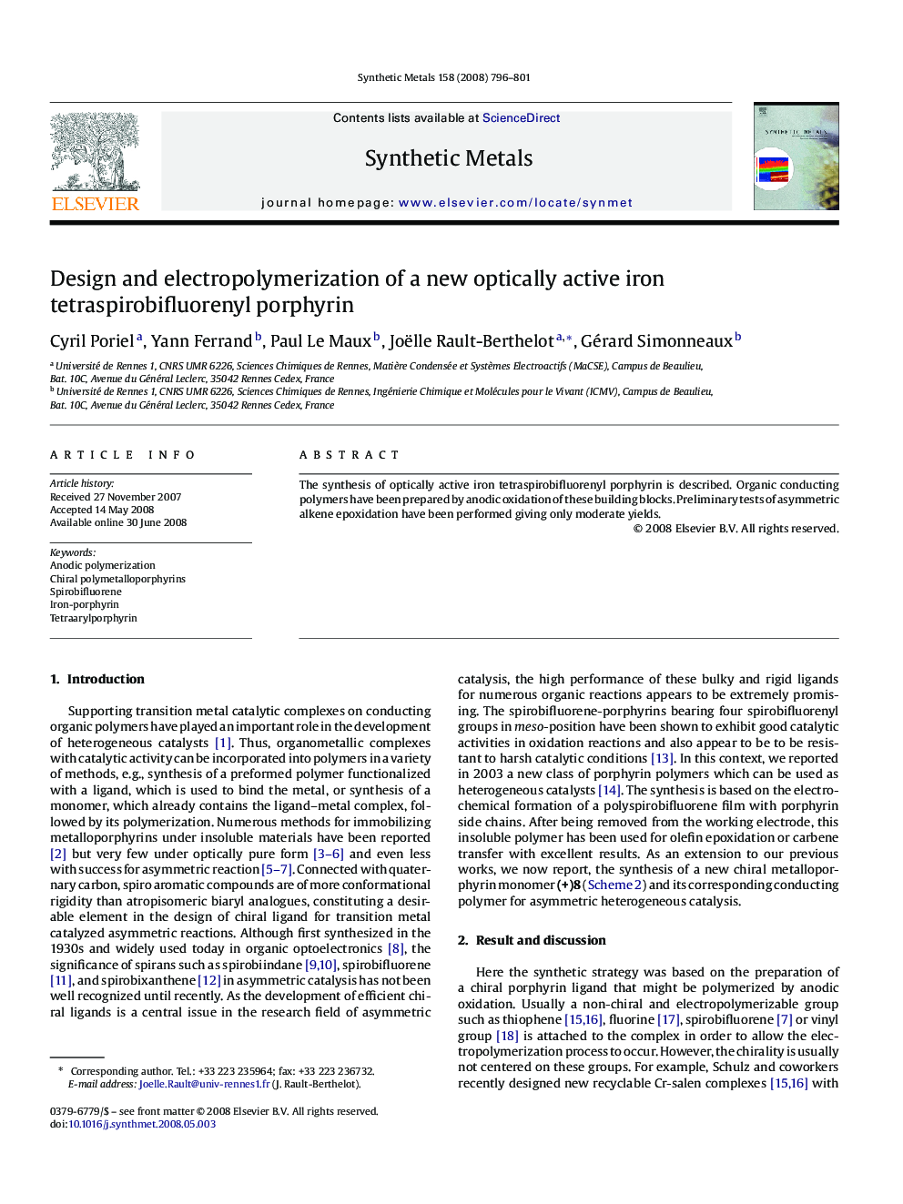 Design and electropolymerization of a new optically active iron tetraspirobifluorenyl porphyrin