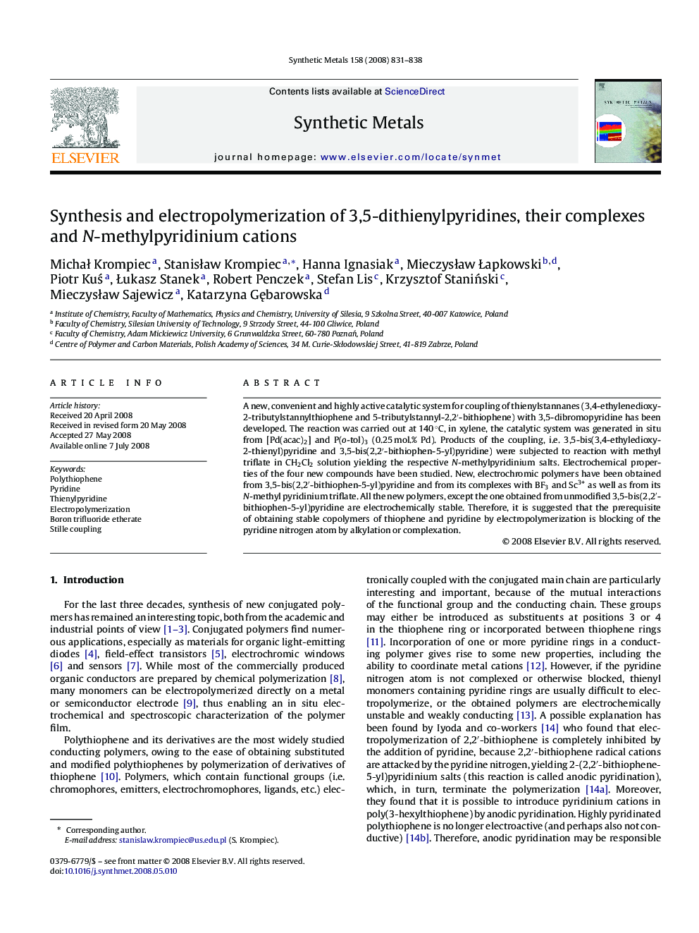 Synthesis and electropolymerization of 3,5-dithienylpyridines, their complexes and N-methylpyridinium cations