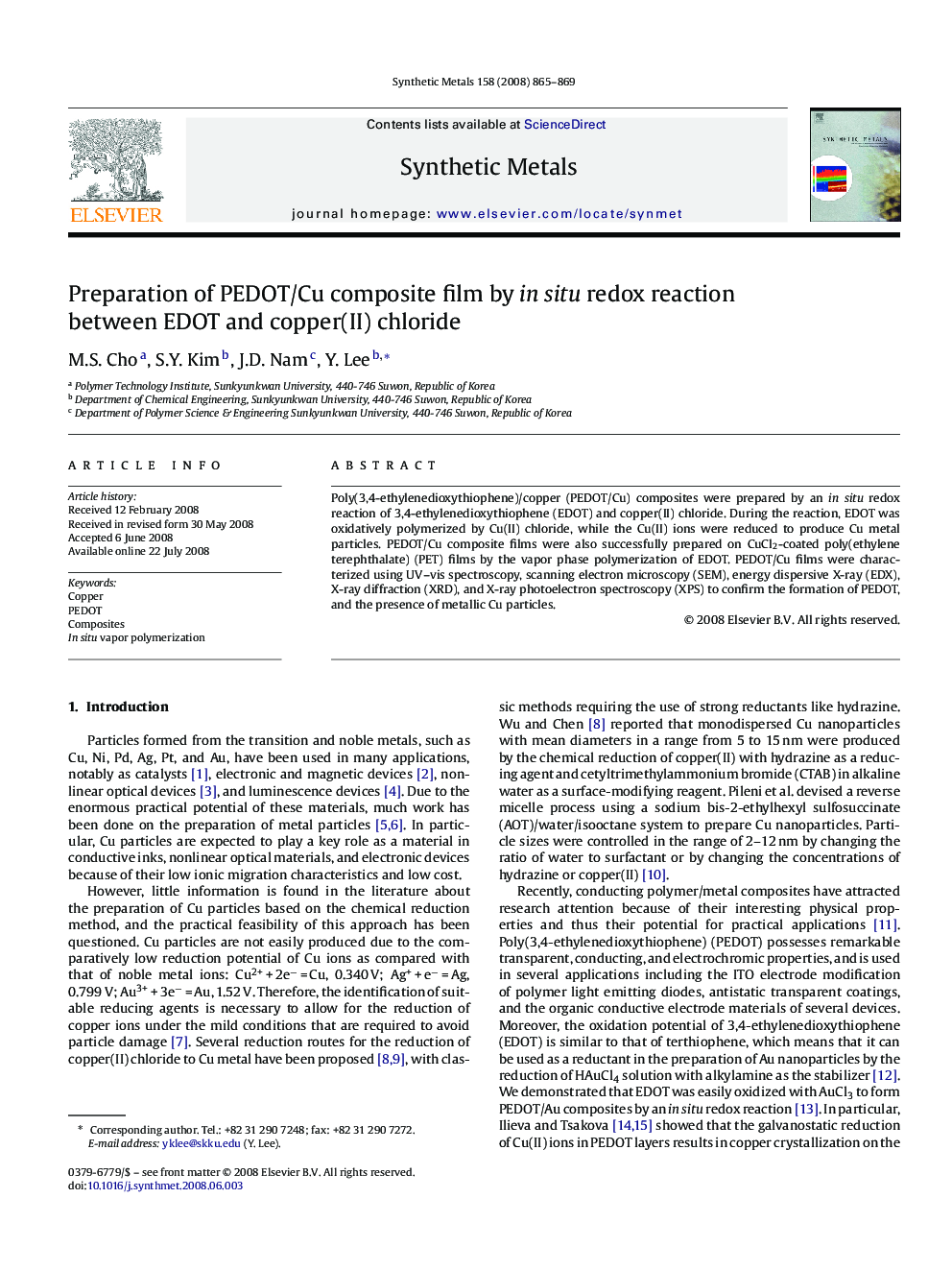 عکس صفحه اول مقاله: Preparation of PEDOT/Cu composite film by in situ redox reaction between EDOT and copper(II) chloride Preparation of PEDOT/Cu composite film by in situ redox reaction between EDOT and copper(II) chloride