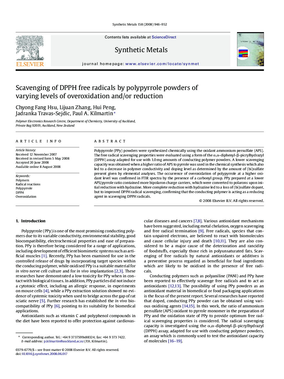 Scavenging of DPPH free radicals by polypyrrole powders of varying levels of overoxidation and/or reduction