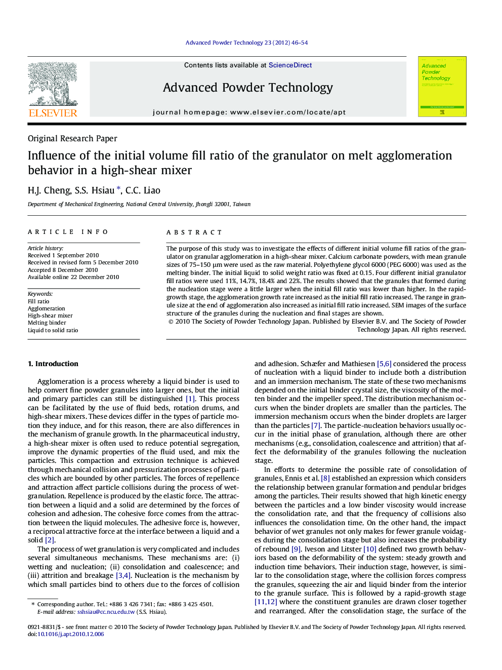 Influence of the initial volume fill ratio of the granulator on melt agglomeration behavior in a high-shear mixer