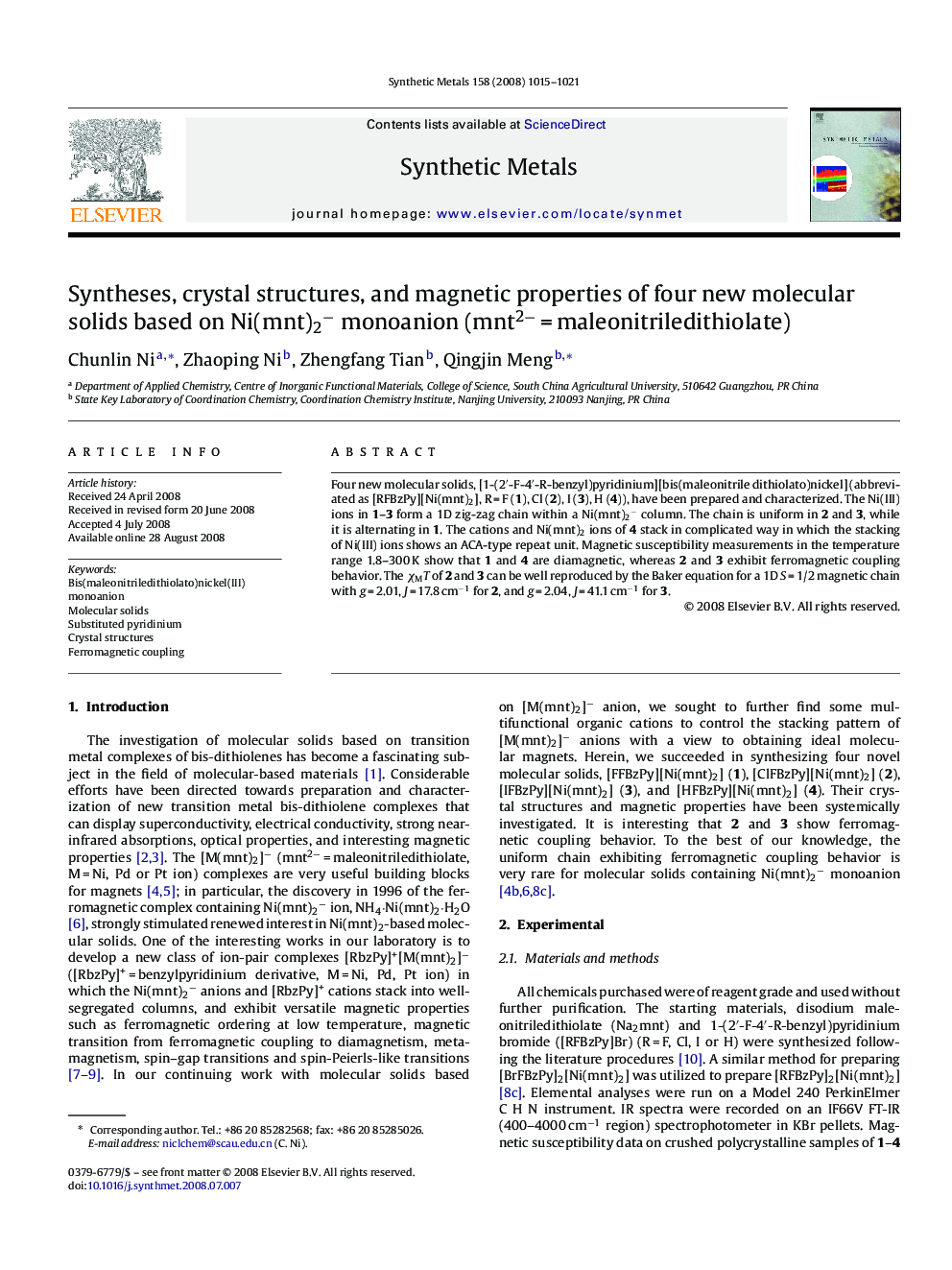 عکس صفحه اول مقاله: Syntheses, crystal structures, and magnetic properties of four new molecular solids based on Ni(mnt)2â monoanion (mnt2â = maleonitriledithiolate) Syntheses, crystal structures, and magnetic properties of four new molecular solids based on Ni(mnt)2â monoanion (mnt2â = maleonitriledithiolate)