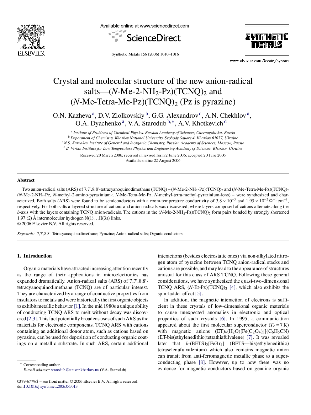 Crystal and molecular structure of the new anion-radical salts—(N-Me-2-NH2-Pz)(TCNQ)2 and (N-Me-Tetra-Me-Pz)(TCNQ)2 (Pz is pyrazine)