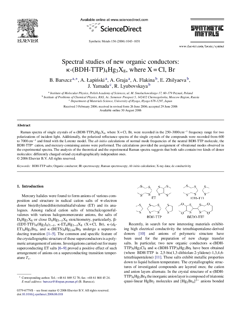 Spectral studies of new organic conductors: κ-(BDH-TTP)4Hg3X8, where X = Cl, Br