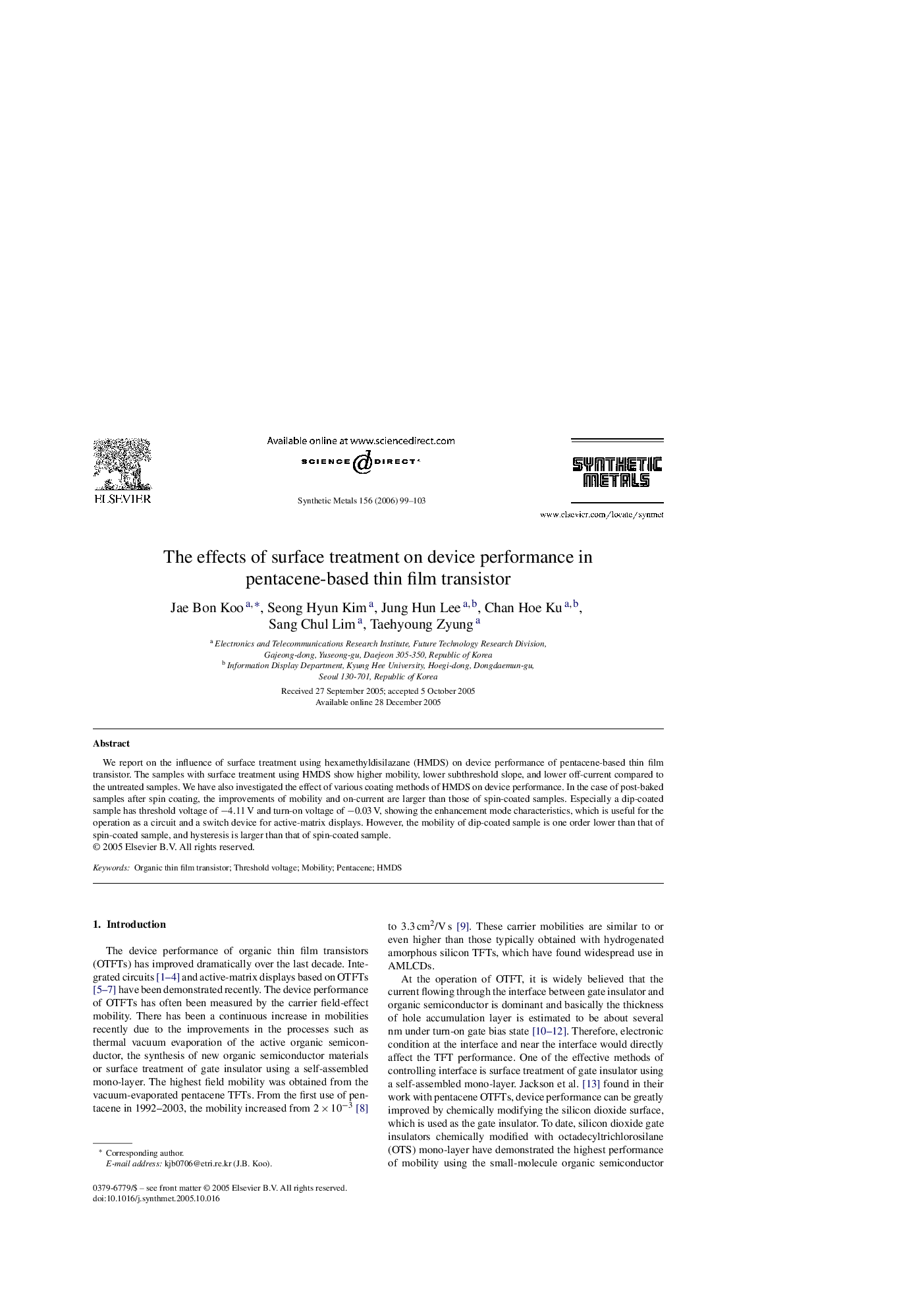 The effects of surface treatment on device performance in pentacene-based thin film transistor