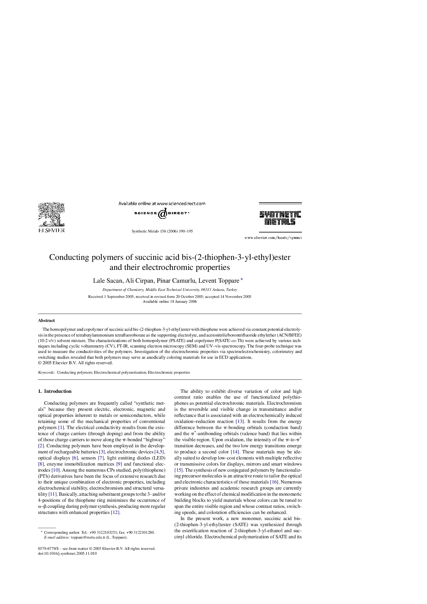 عکس صفحه اول مقاله: Conducting polymers of succinic acid bis-(2-thiophen-3-yl-ethyl)ester and their electrochromic properties Conducting polymers of succinic acid bis-(2-thiophen-3-yl-ethyl)ester and their electrochromic properties