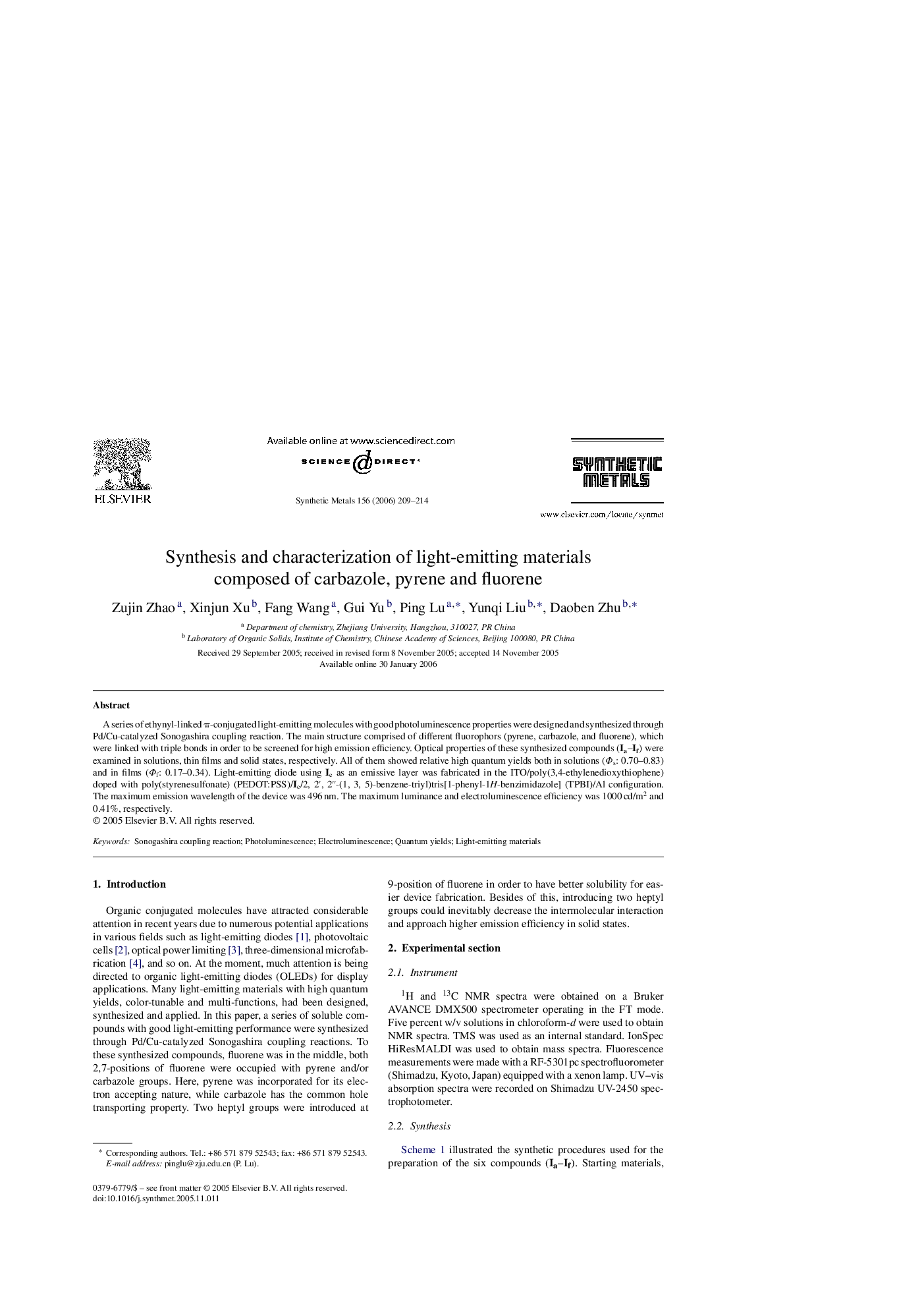 Synthesis and characterization of light-emitting materials composed of carbazole, pyrene and fluorene