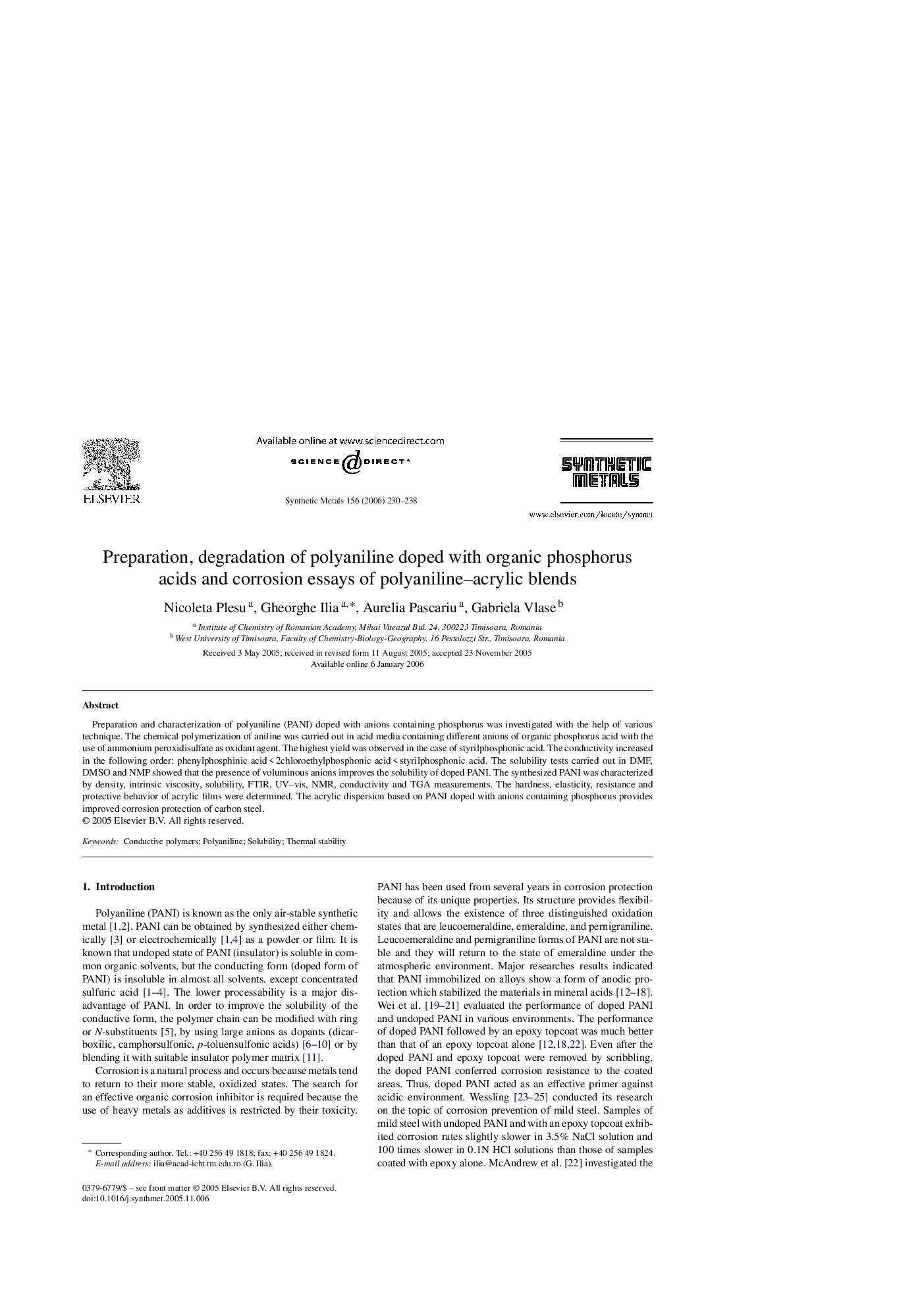 Preparation, degradation of polyaniline doped with organic phosphorus acids and corrosion essays of polyaniline–acrylic blends