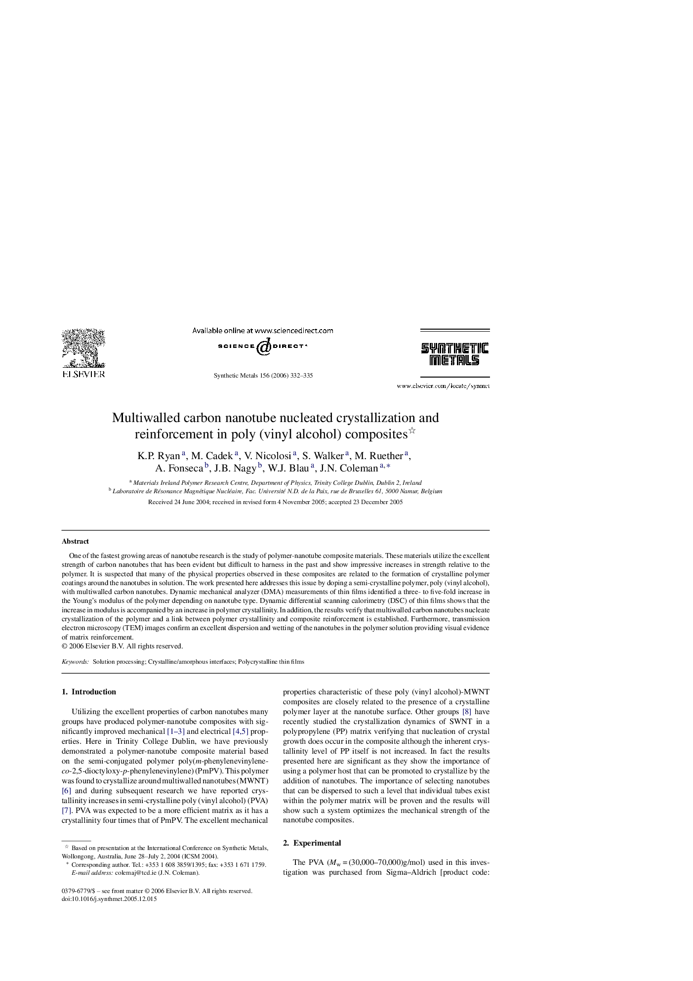 Multiwalled carbon nanotube nucleated crystallization and reinforcement in poly (vinyl alcohol) composites 