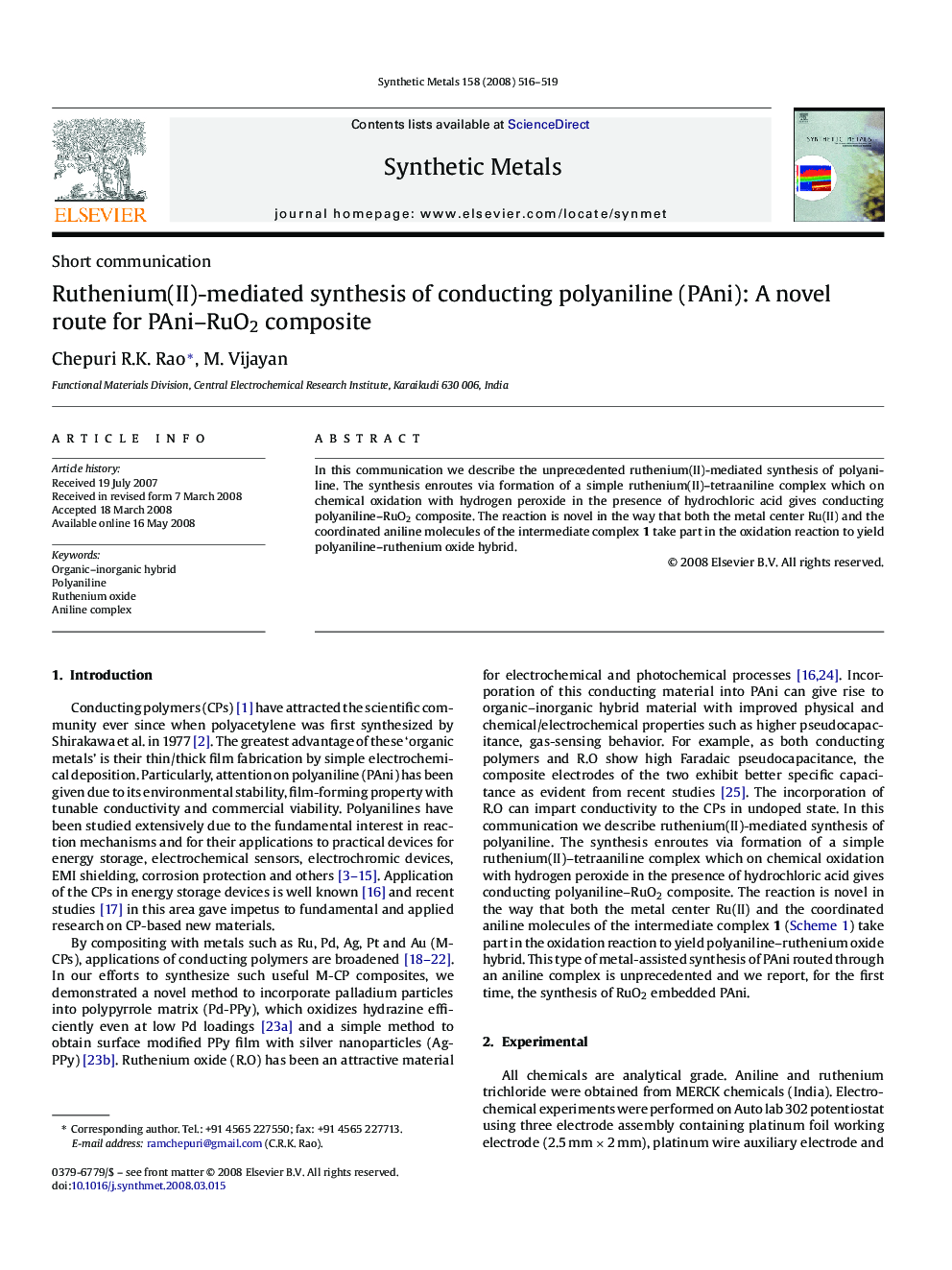 Ruthenium(II)-mediated synthesis of conducting polyaniline (PAni): A novel route for PAni-RuO2 composite