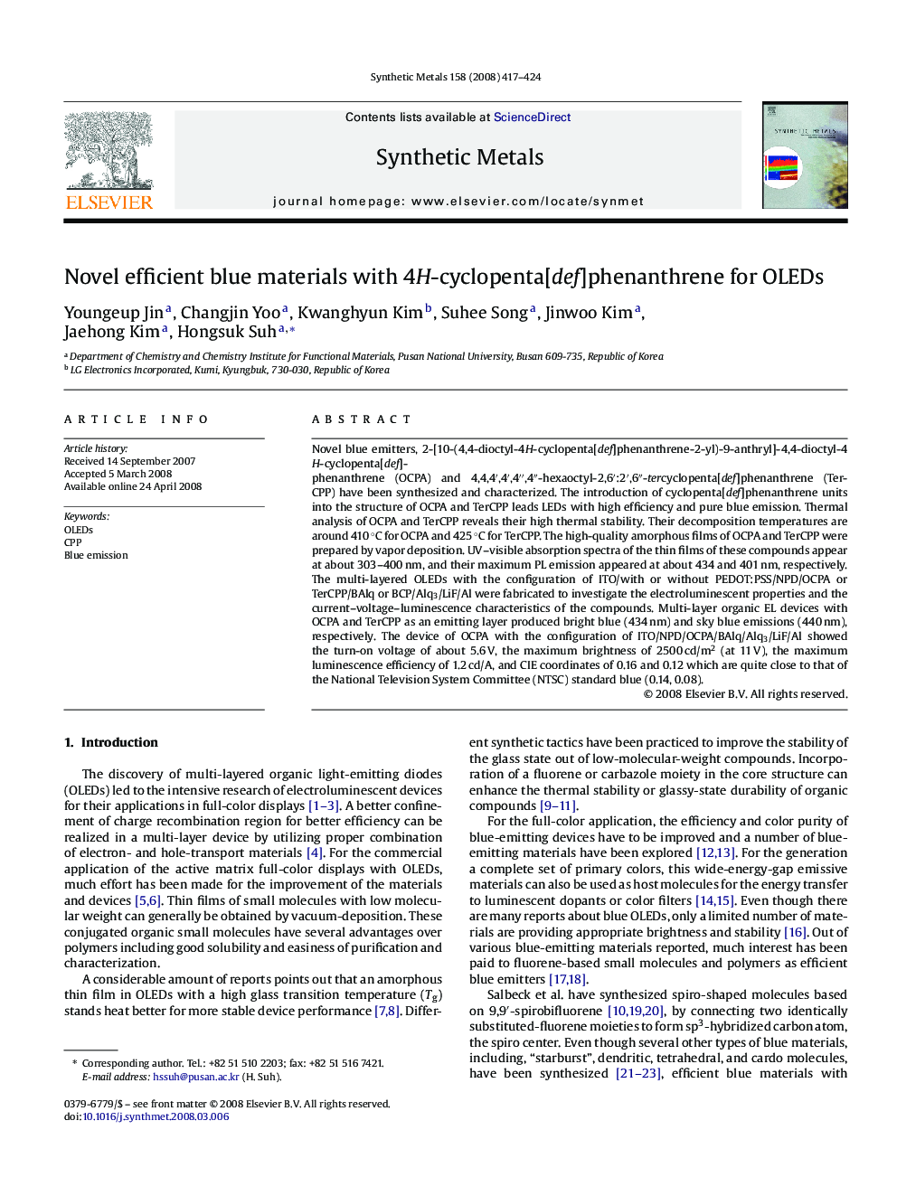 Novel efficient blue materials with 4H-cyclopenta[def]phenanthrene for OLEDs