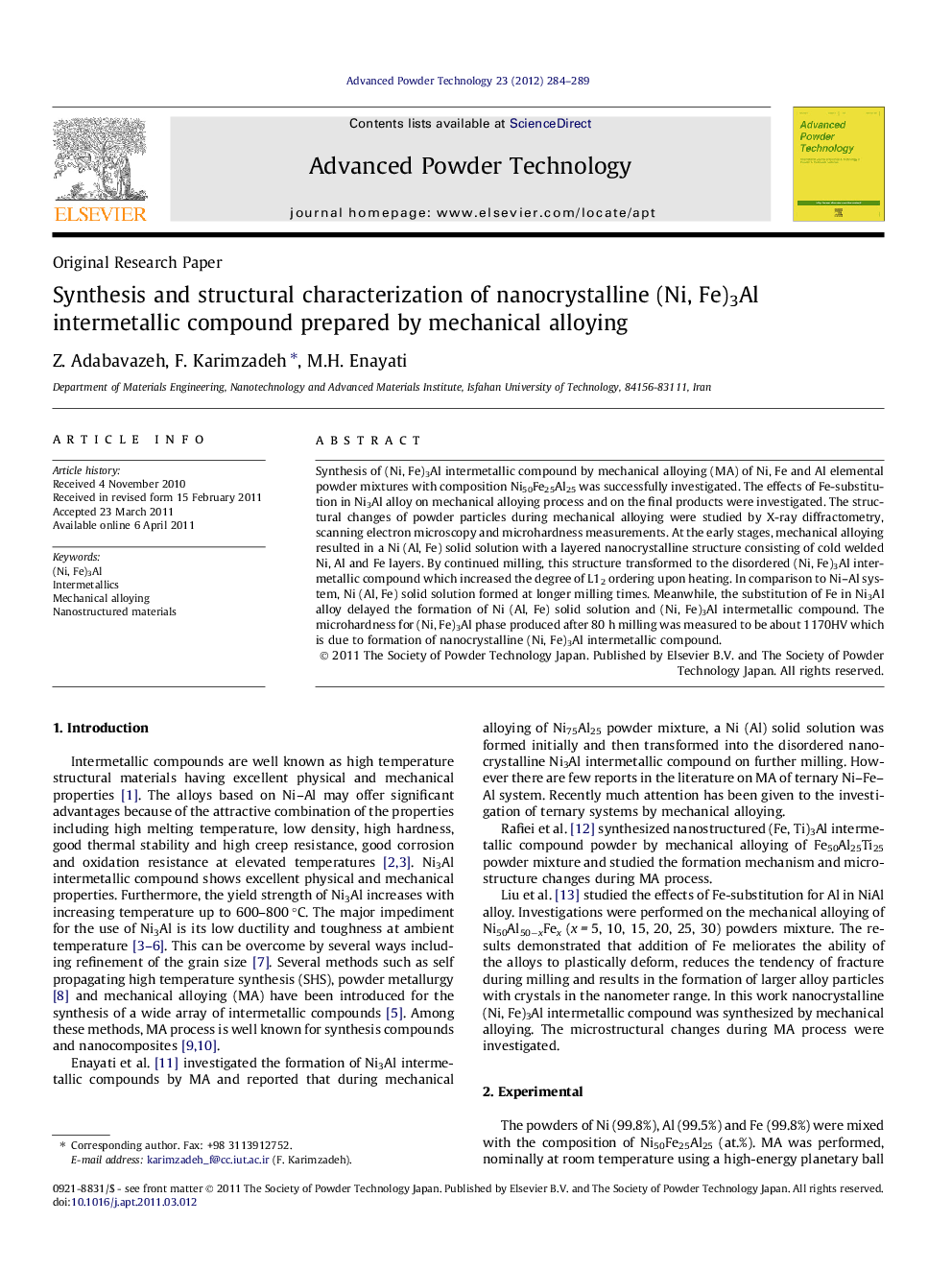 Synthesis and structural characterization of nanocrystalline (Ni, Fe)3Al intermetallic compound prepared by mechanical alloying