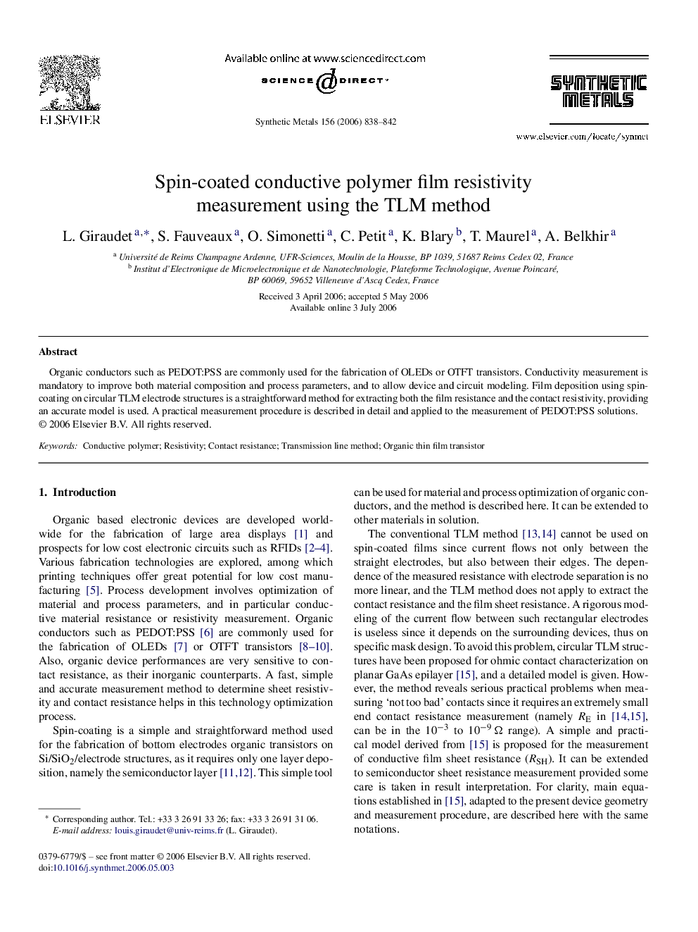 Spin-coated conductive polymer film resistivity measurement using the TLM method