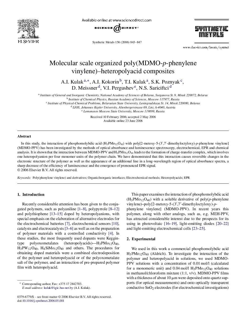 Molecular scale organized poly(MDMO-p-phenylene vinylene)–heteropolyacid composites