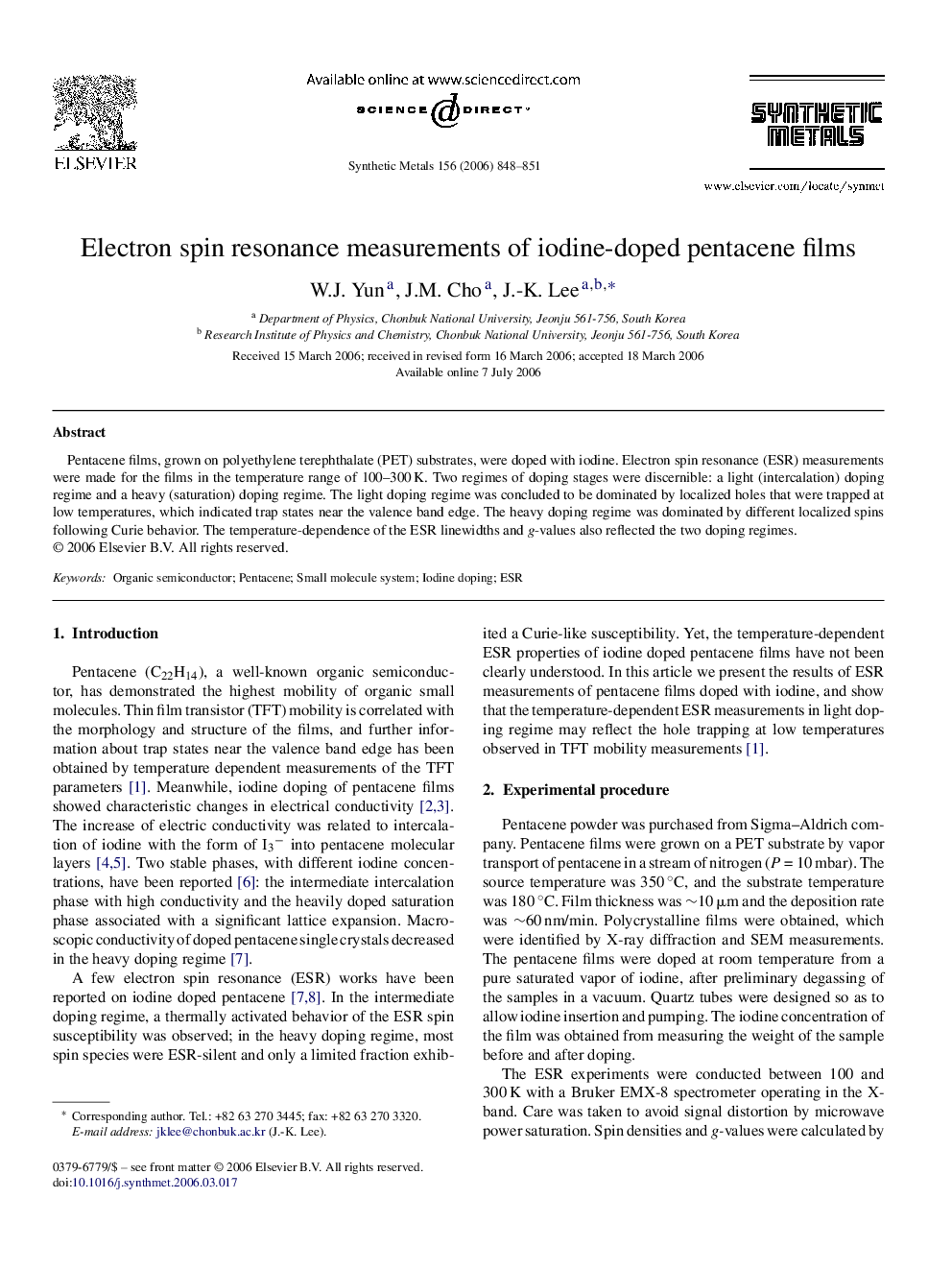 Electron spin resonance measurements of iodine-doped pentacene films