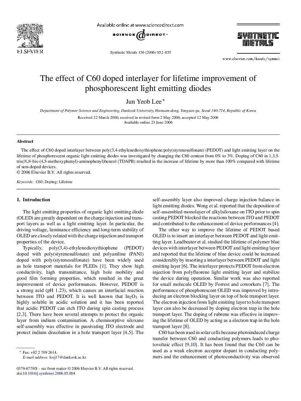 The effect of C60 doped interlayer for lifetime improvement of phosphorescent light emitting diodes