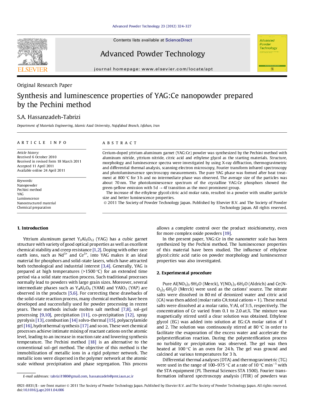 Synthesis and luminescence properties of YAG:Ce nanopowder prepared by the Pechini method