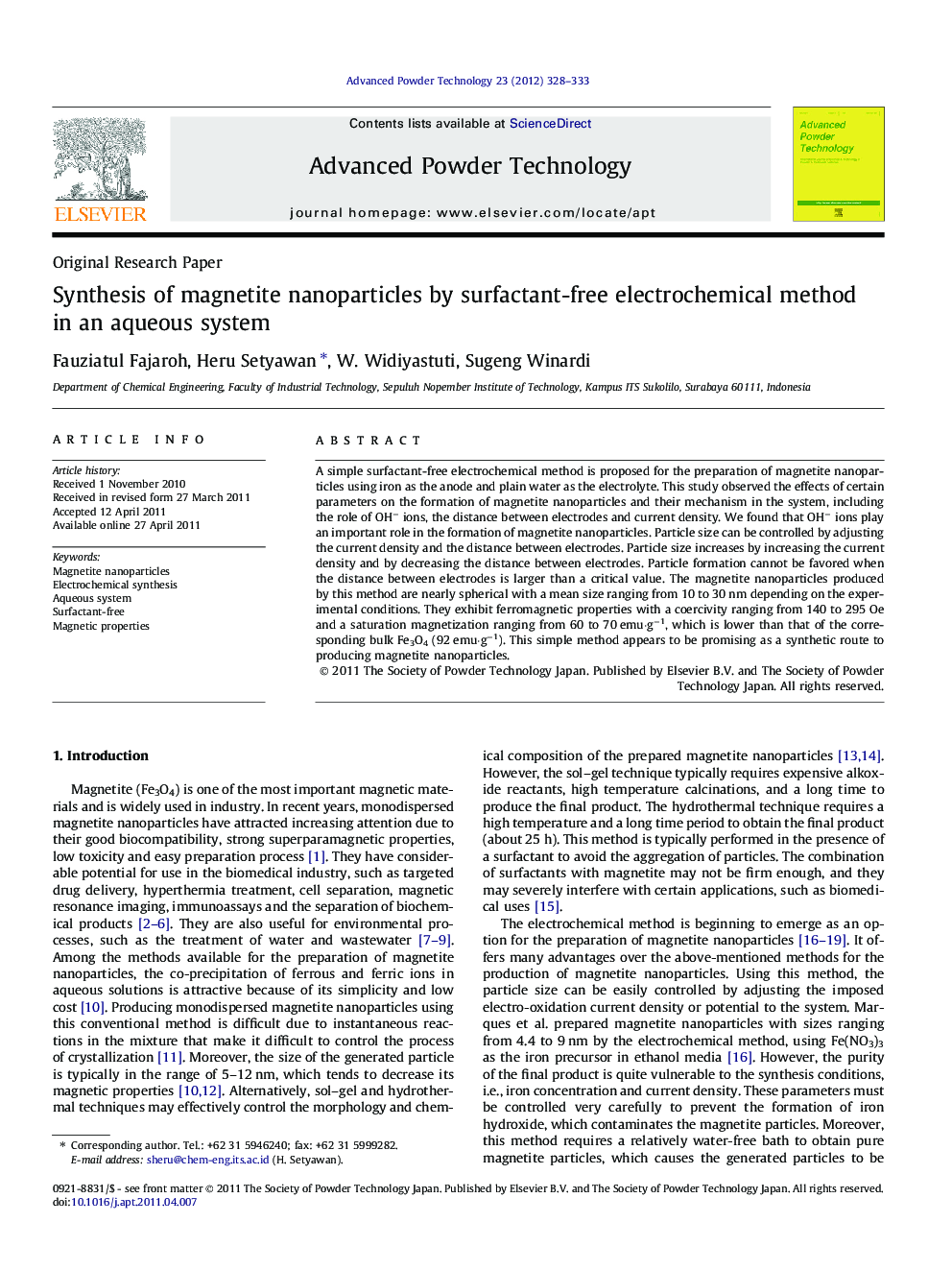 Synthesis of magnetite nanoparticles by surfactant-free electrochemical method in an aqueous system