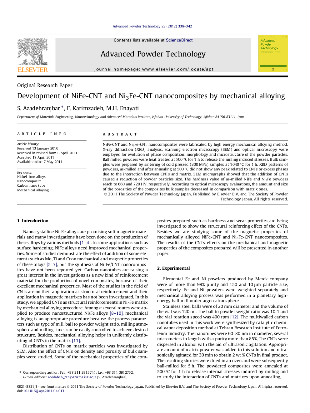 Development of NiFe-CNT and Ni3Fe-CNT nanocomposites by mechanical alloying