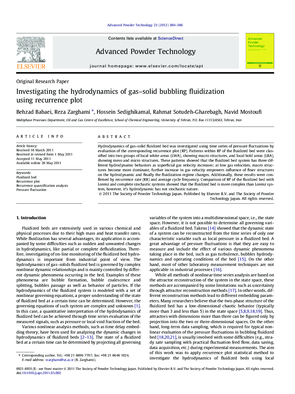 Investigating the hydrodynamics of gas–solid bubbling fluidization using recurrence plot