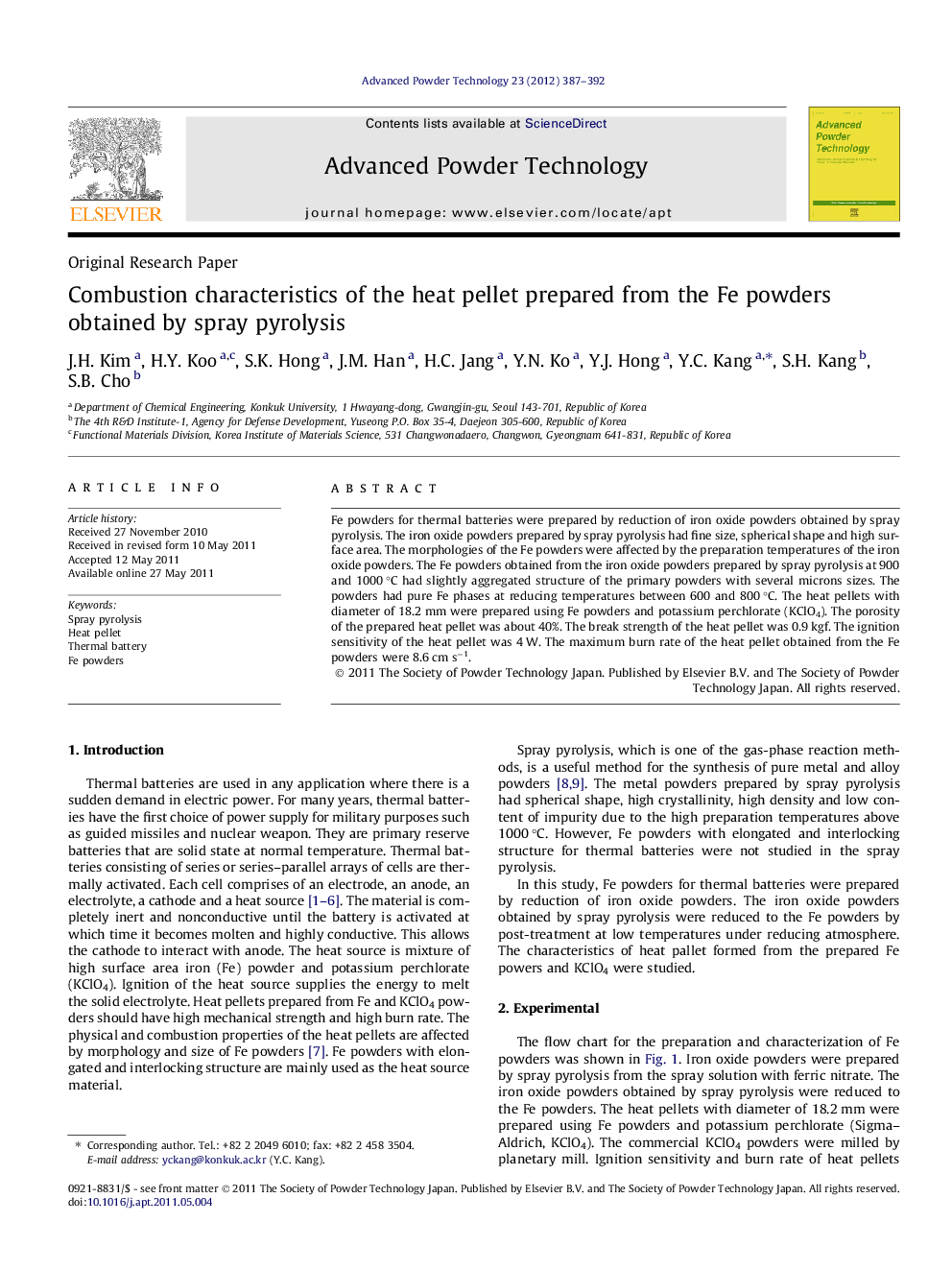 Combustion characteristics of the heat pellet prepared from the Fe powders obtained by spray pyrolysis