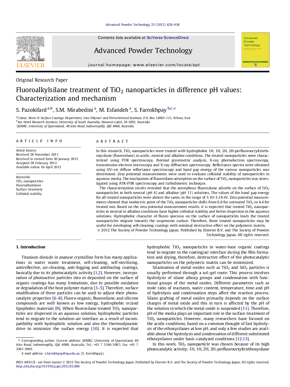 Fluoroalkylsilane treatment of TiO2 nanoparticles in difference pH values: Characterization and mechanism