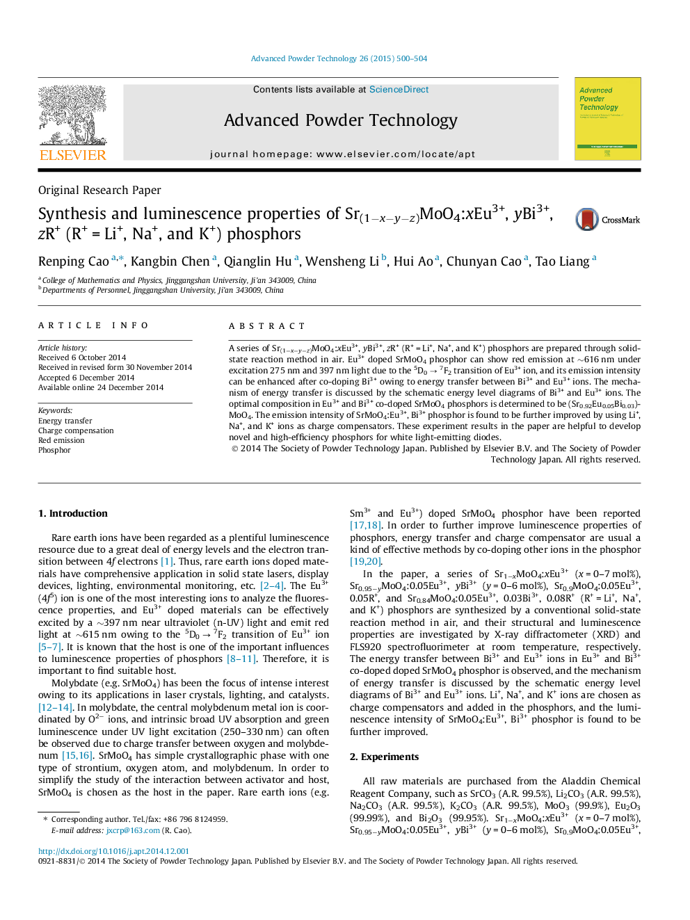 Synthesis and luminescence properties of Sr(1−x−y−z)MoO4:xEu3+, yBi3+, zR+ (R+ = Li+, Na+, and K+) phosphors