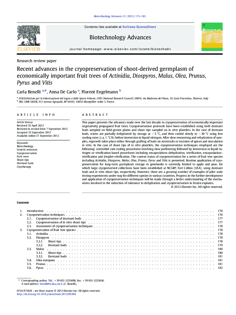 Recent advances in the cryopreservation of shoot-derived germplasm of economically important fruit trees of Actinidia, Diospyros, Malus, Olea, Prunus, Pyrus and Vitis
