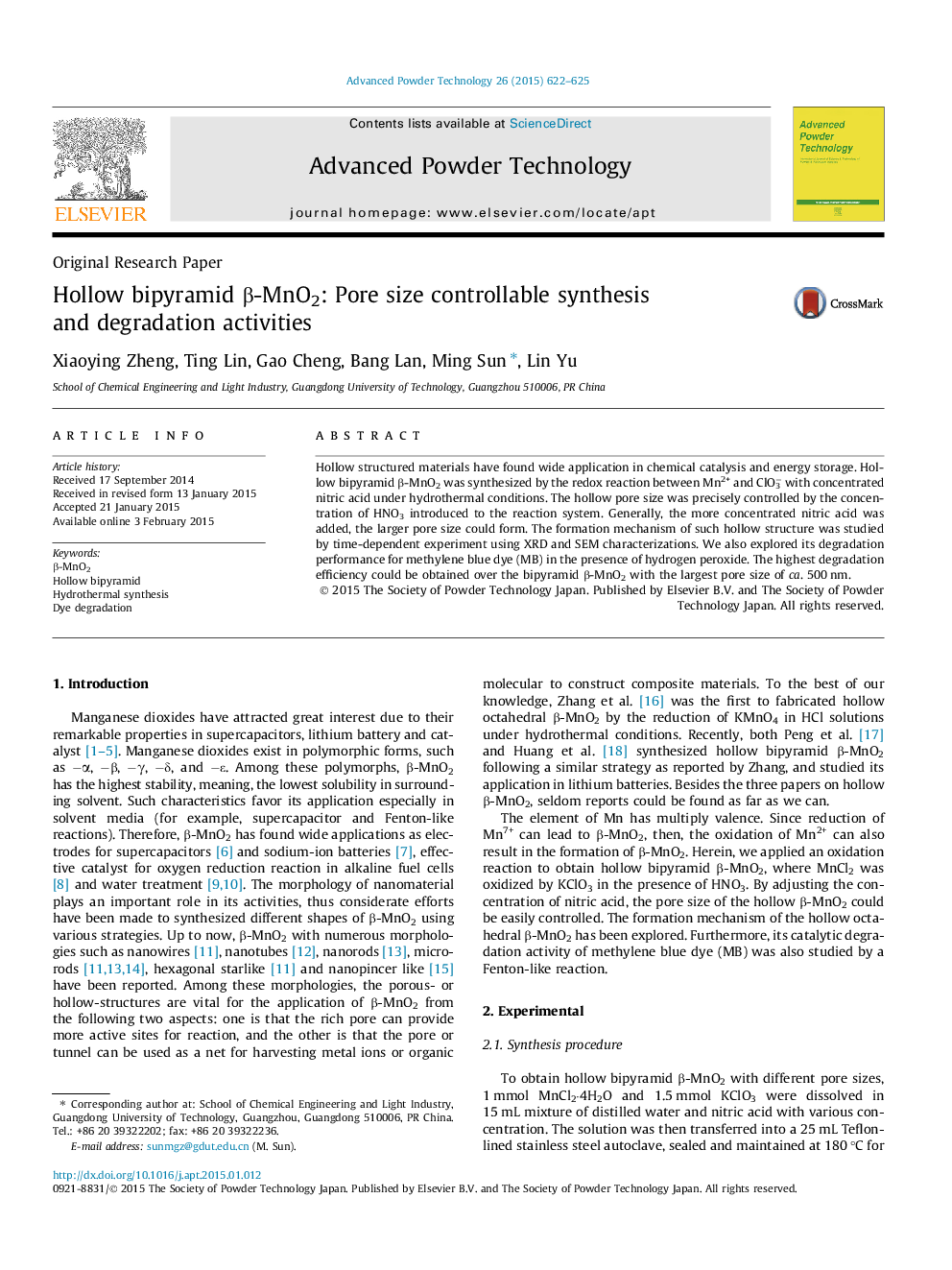 Hollow bipyramid β-MnO2: Pore size controllable synthesis and degradation activities