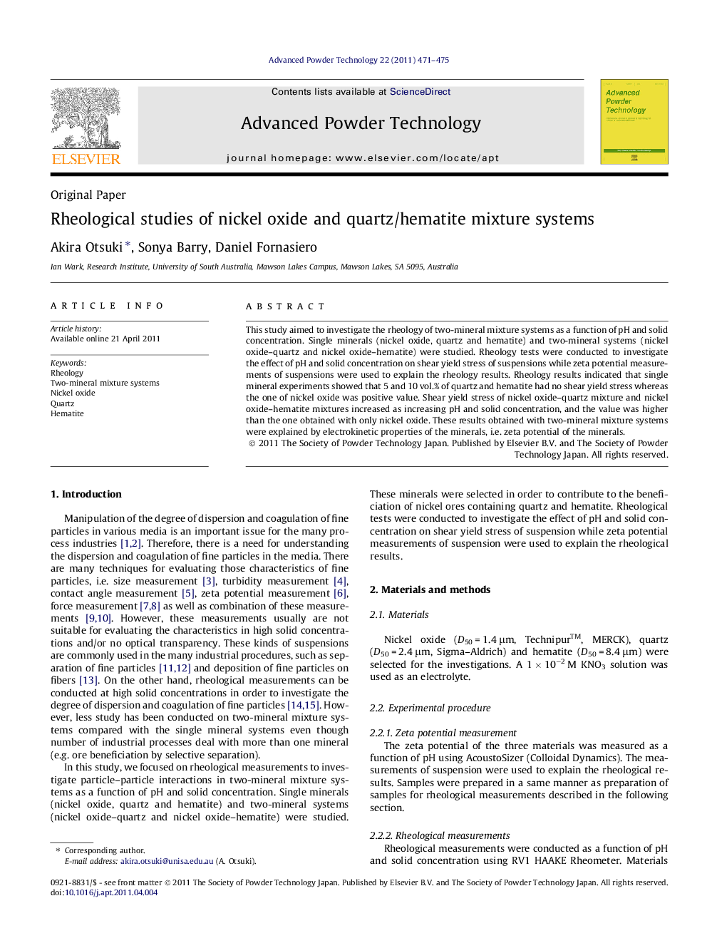 Rheological studies of nickel oxide and quartz/hematite mixture systems