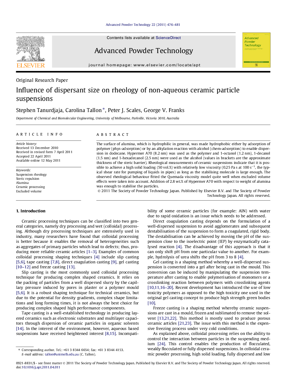 Influence of dispersant size on rheology of non-aqueous ceramic particle suspensions