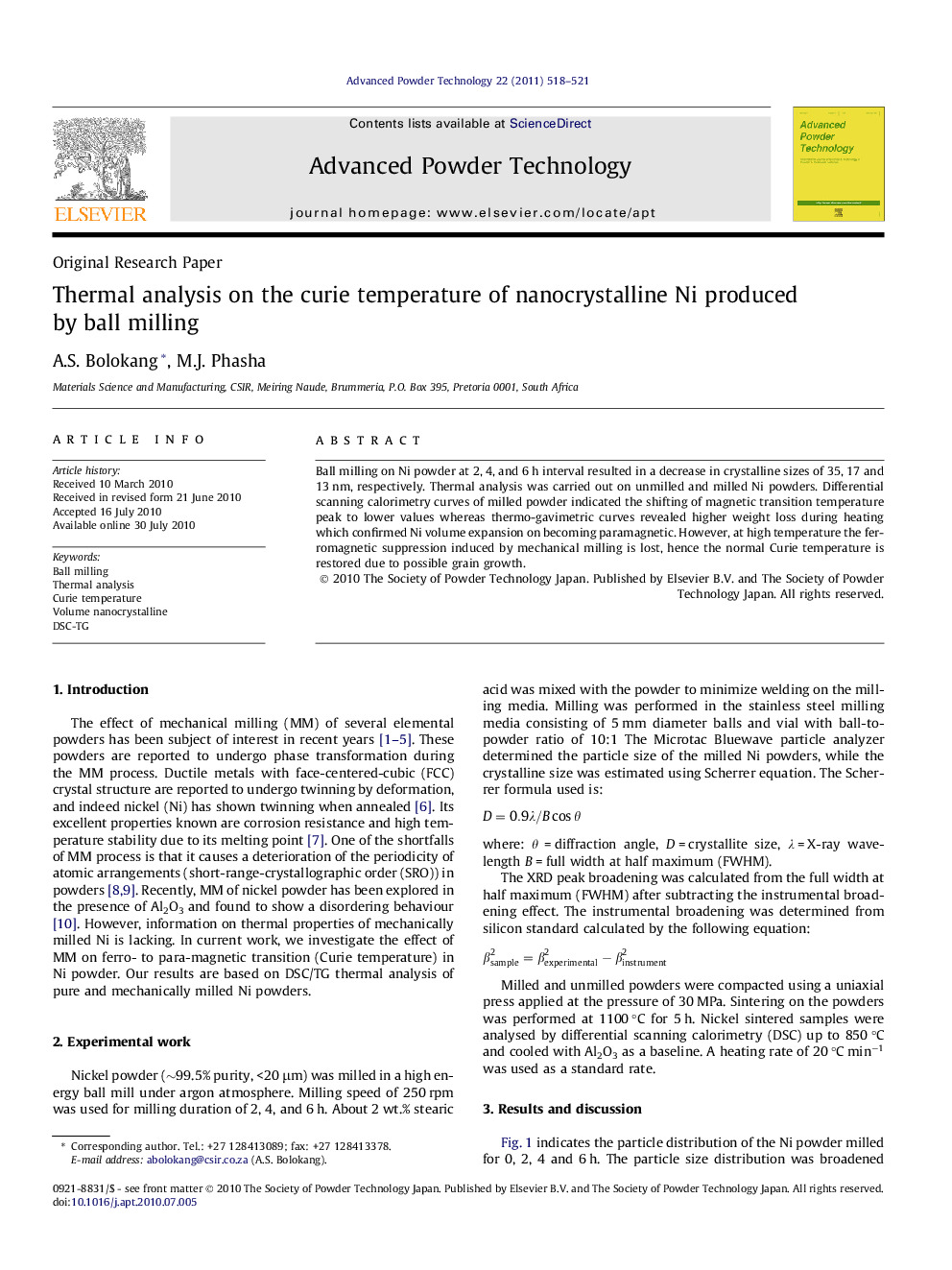 Thermal analysis on the curie temperature of nanocrystalline Ni produced by ball milling