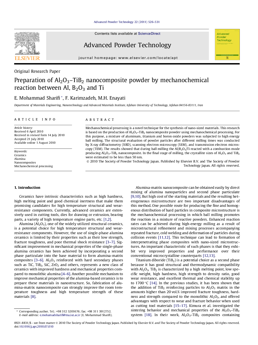 Preparation of Al2O3–TiB2 nanocomposite powder by mechanochemical reaction between Al, B2O3 and Ti