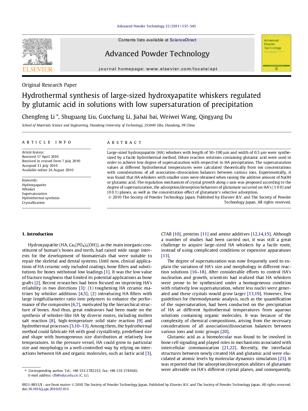 Hydrothermal synthesis of large-sized hydroxyapatite whiskers regulated by glutamic acid in solutions with low supersaturation of precipitation