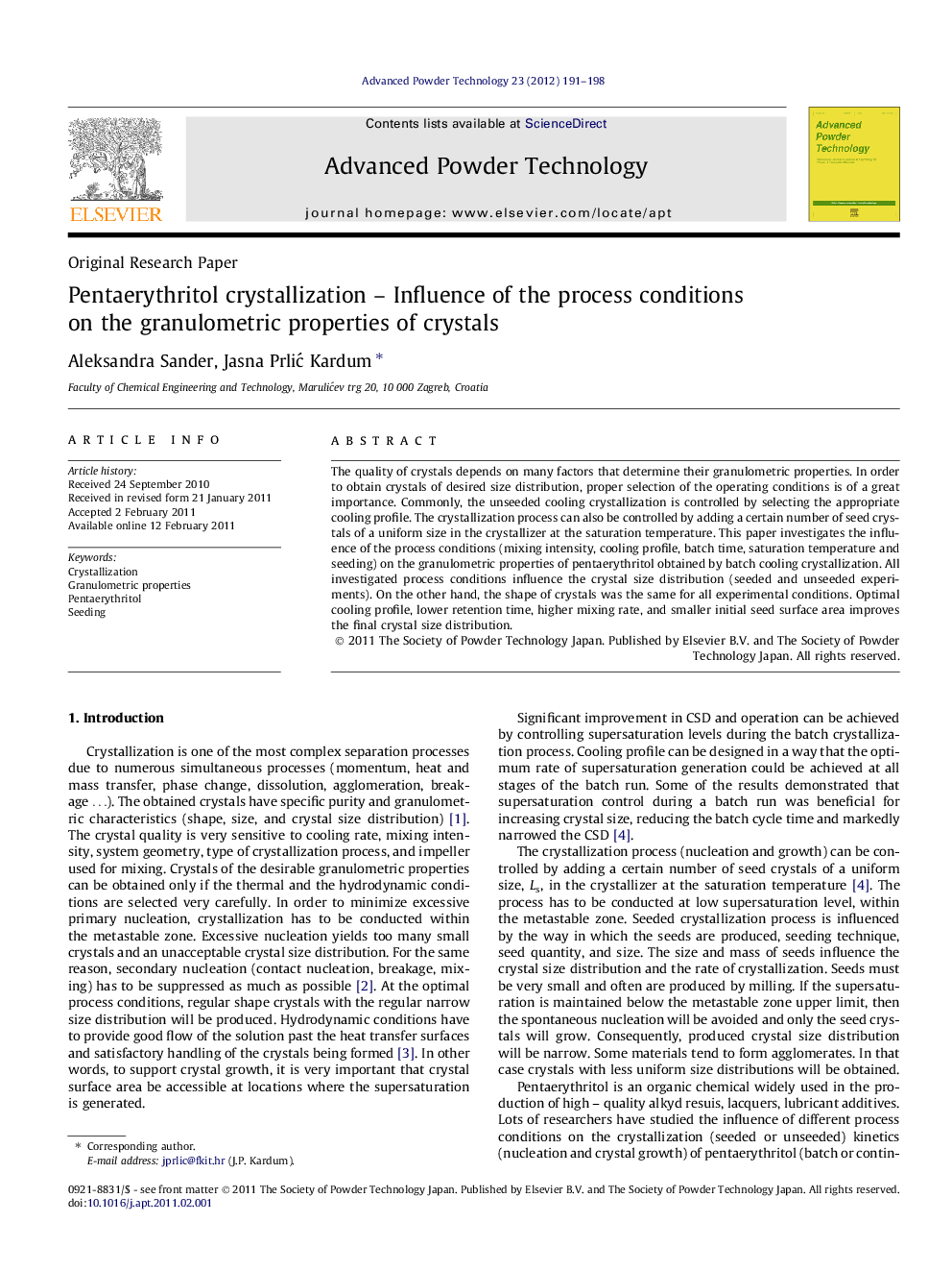 Pentaerythritol crystallization – Influence of the process conditions on the granulometric properties of crystals