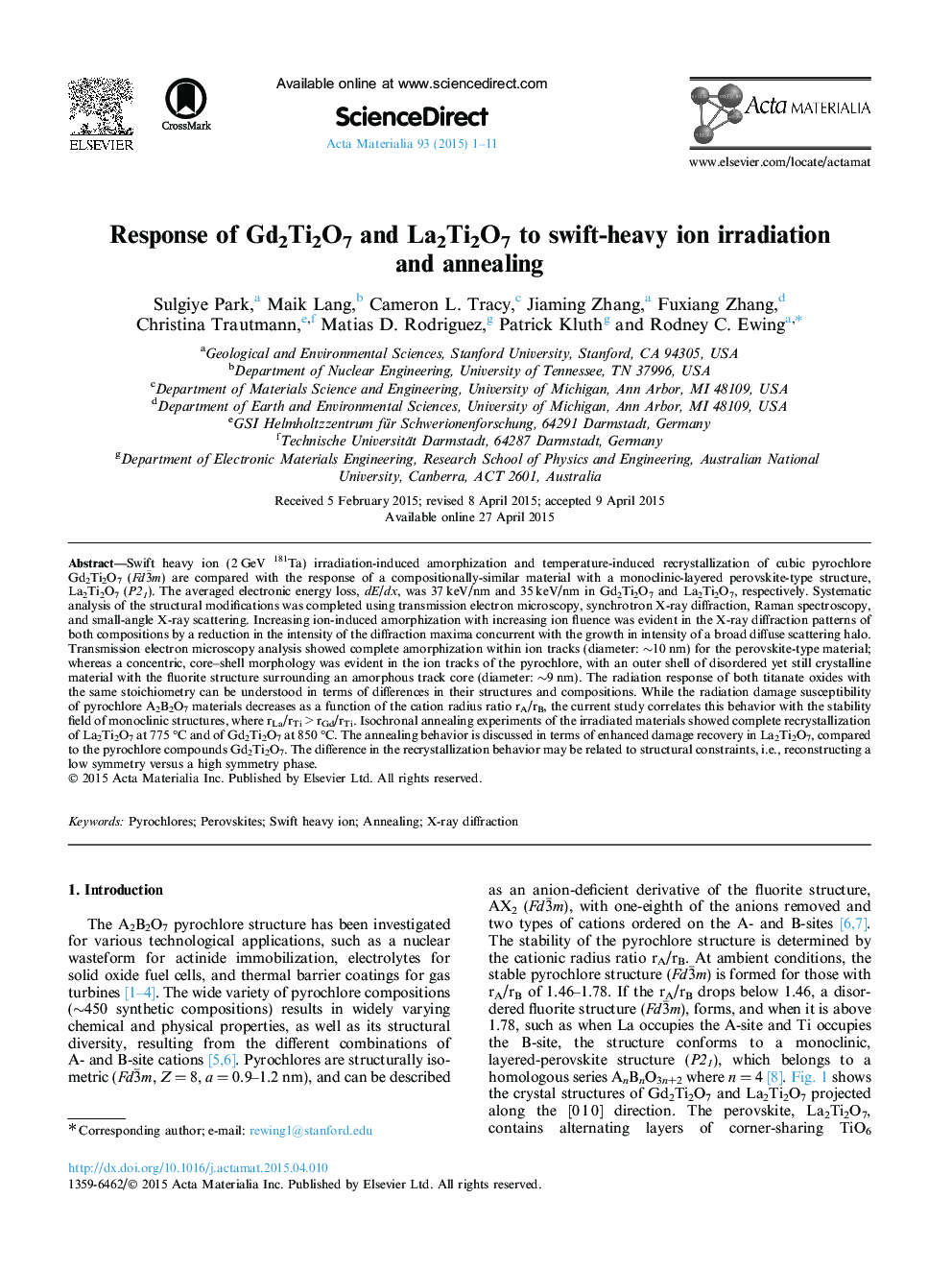 Response of Gd2Ti2O7 and La2Ti2O7 to swift-heavy ion irradiation and annealing
