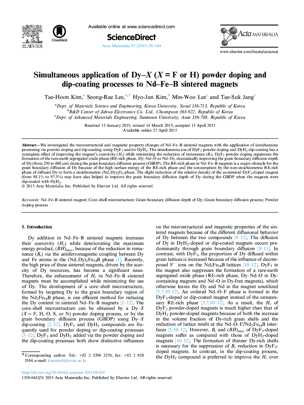 Simultaneous application of Dy–X (X = F or H) powder doping and dip-coating processes to Nd–Fe–B sintered magnets