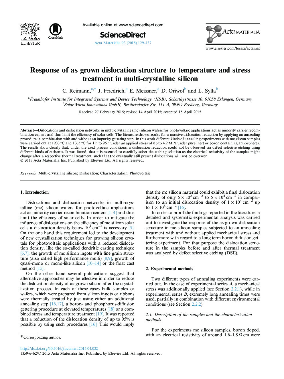 Response of as grown dislocation structure to temperature and stress treatment in multi-crystalline silicon