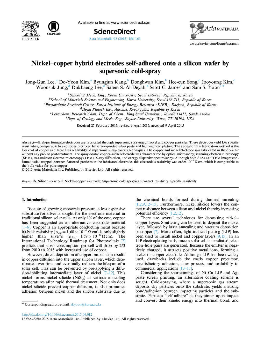 Nickel–copper hybrid electrodes self-adhered onto a silicon wafer by supersonic cold-spray