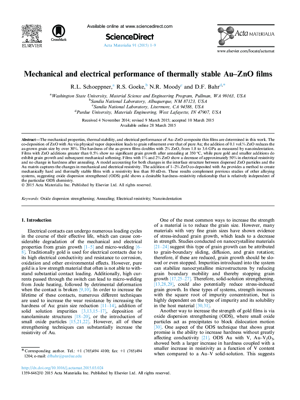 Mechanical and electrical performance of thermally stable Au-ZnO films