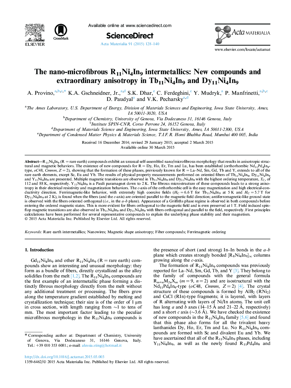 The nano-microfibrous R11Ni4In9 intermetallics: New compounds and extraordinary anisotropy in Tb11Ni4In9 and Dy11Ni4In9