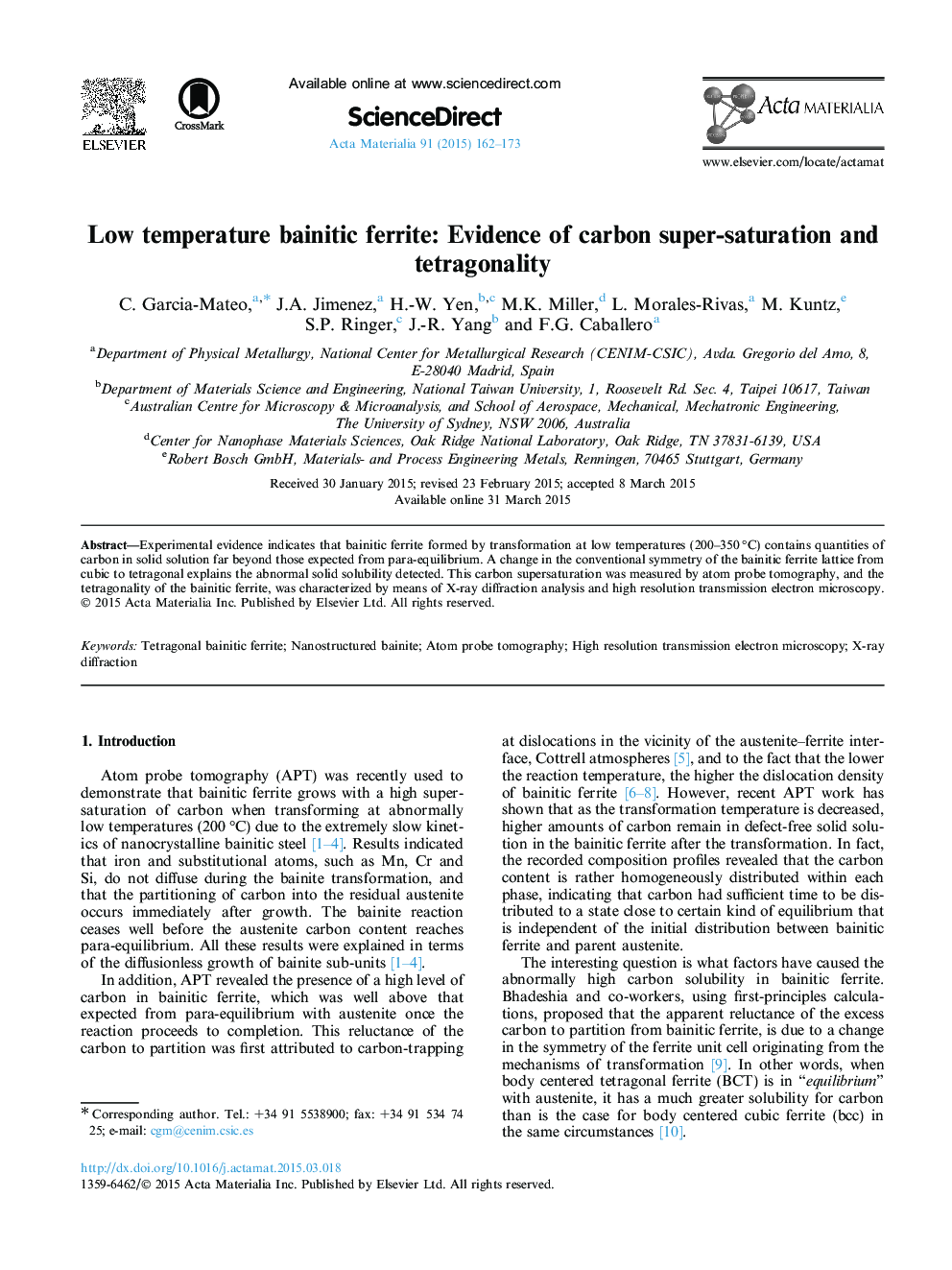 Low temperature bainitic ferrite: Evidence of carbon super-saturation and tetragonality