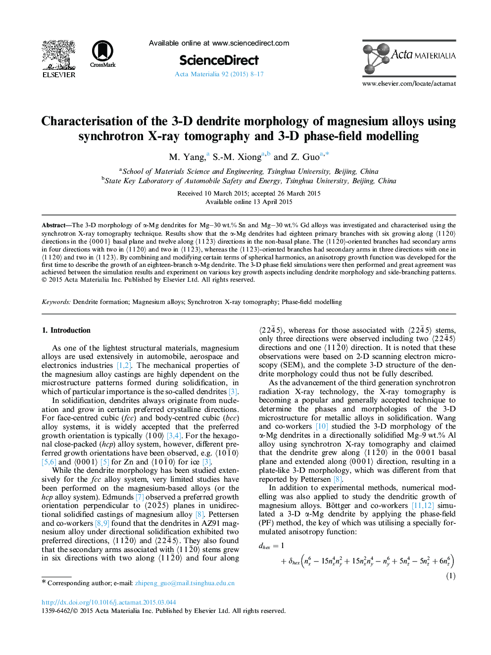 Characterisation of the 3-D dendrite morphology of magnesium alloys using synchrotron X-ray tomography and 3-D phase-field modelling