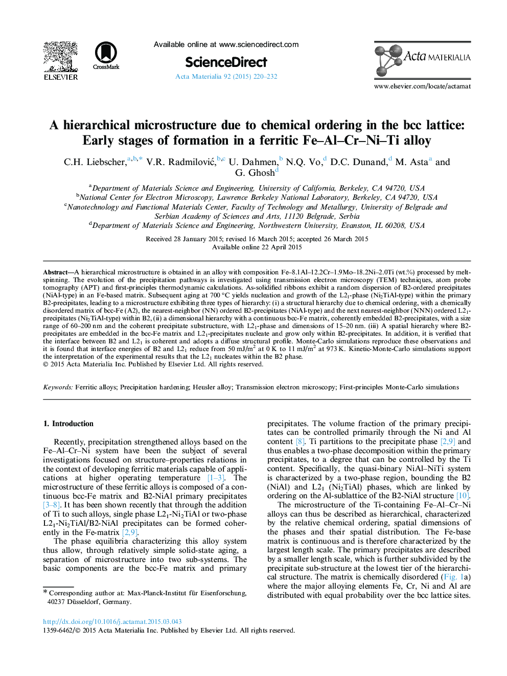 A hierarchical microstructure due to chemical ordering in the bcc lattice: Early stages of formation in a ferritic Fe–Al–Cr–Ni–Ti alloy