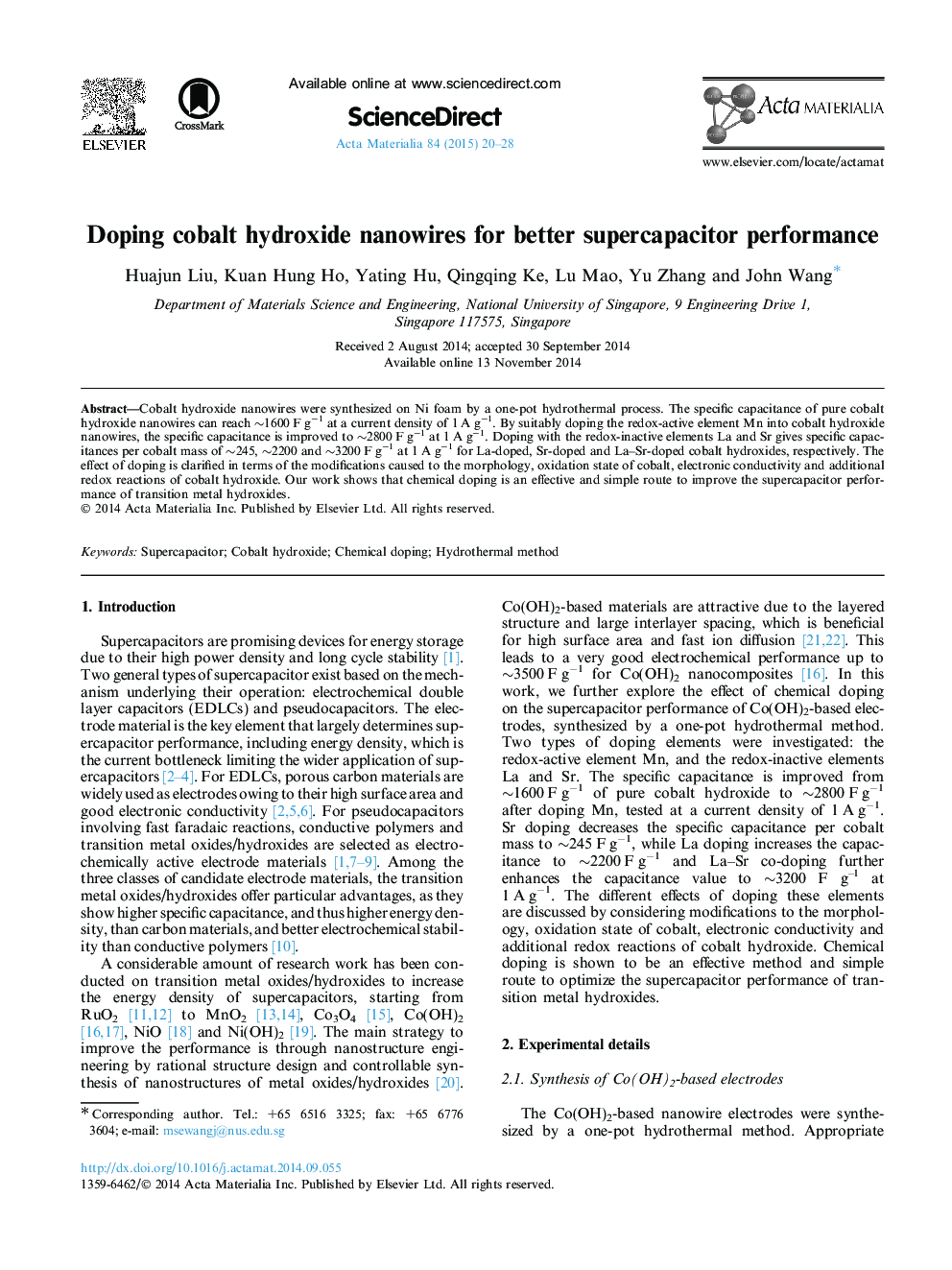 Doping cobalt hydroxide nanowires for better supercapacitor performance